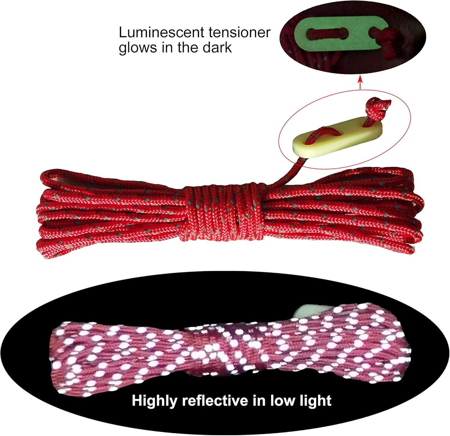 RainbowStone Enhanced Highly Visible Reflective Guy Line with Luminescent Tensioner 6 * 4m Empire Red