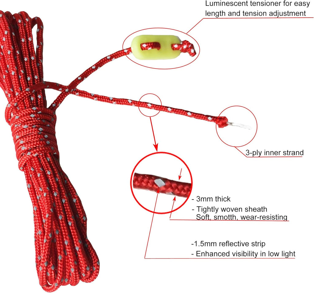RainbowStone Enhanced Highly Visible Reflective Guy Line with Luminescent Tensioner 6 * 4m Empire Red