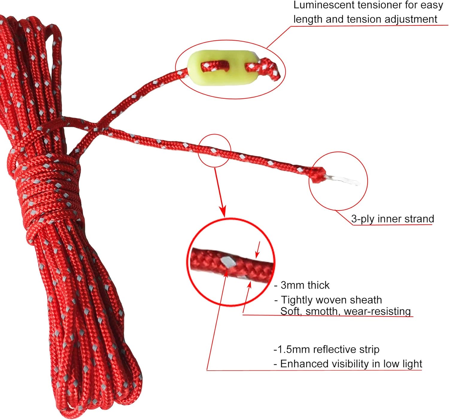 RainbowStone Enhanced Highly Visible Reflective Guy Line with Luminescent Tensioner 6 * 4m Empire Red