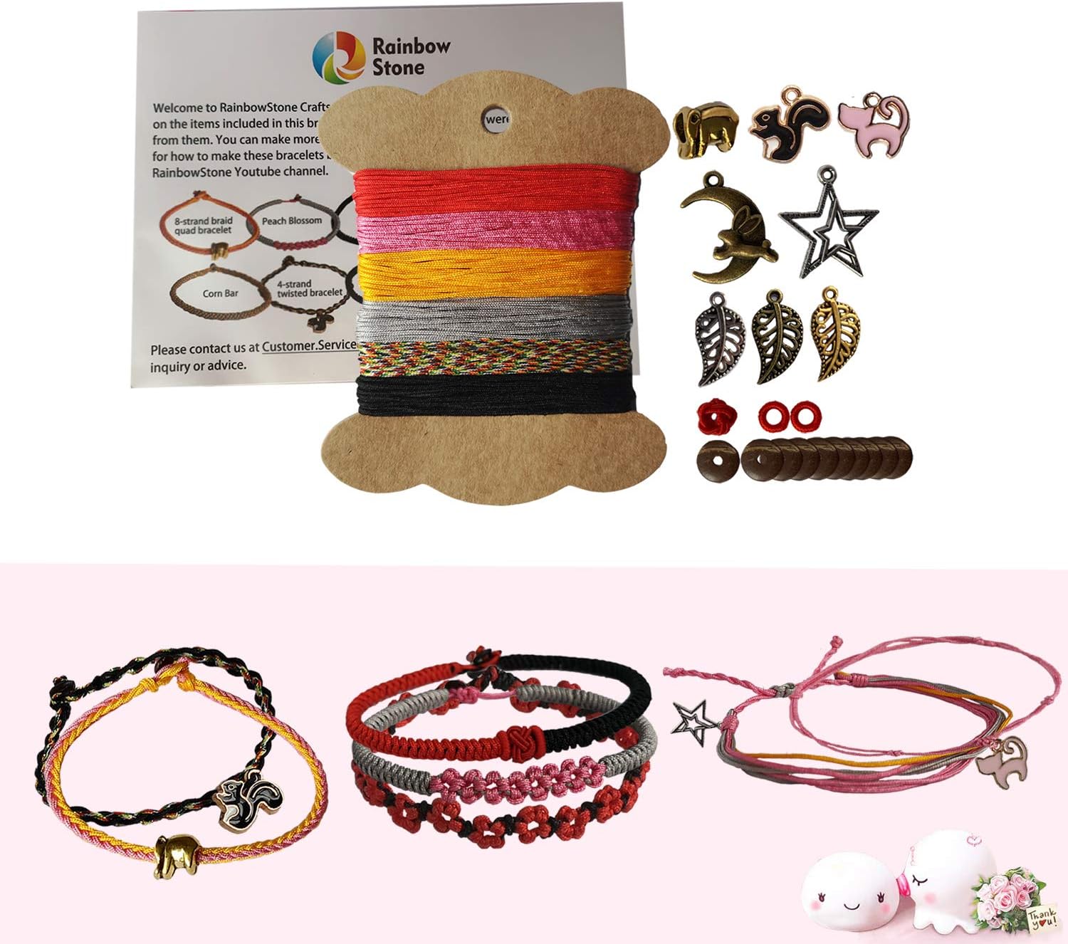 Jewelry Making DIY Kit for Friendship Bracelet Anklet Necklace Set A - 24m Marcrame Threads in 6 Colors + 21 Charms/Beads + Video Tutorials