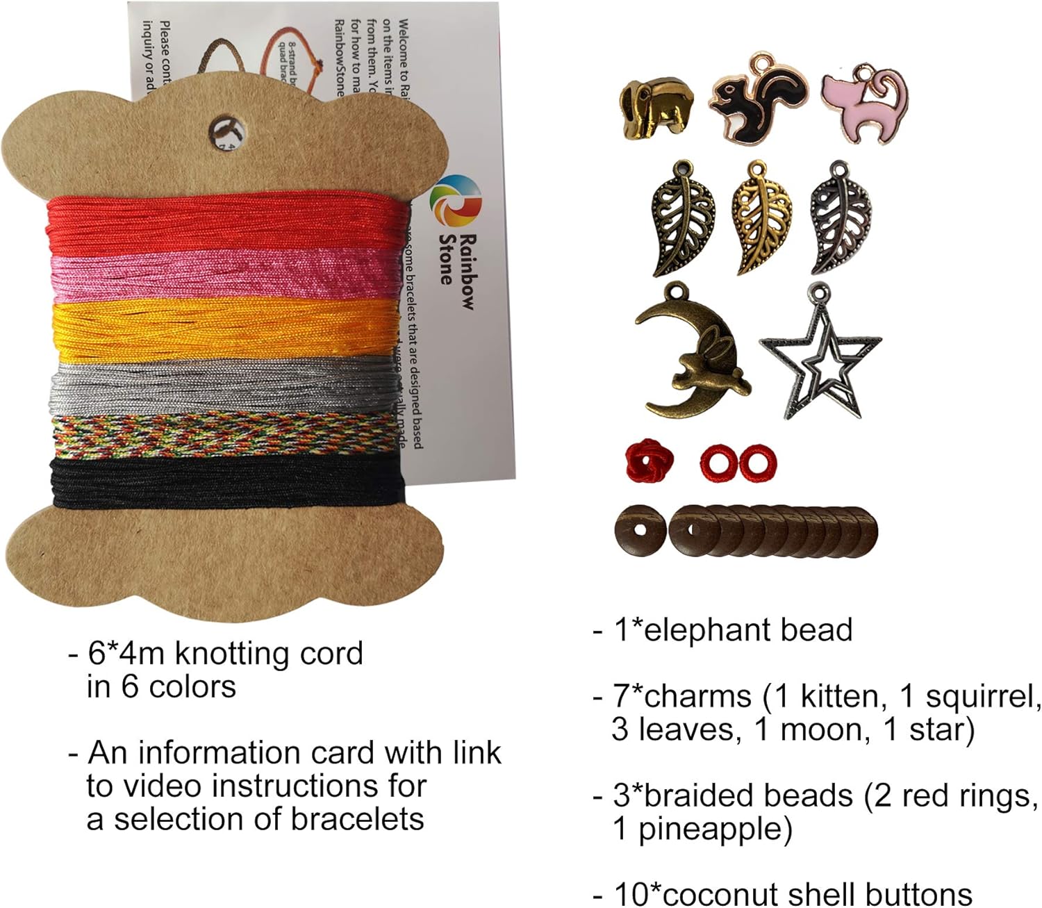 Jewelry Making DIY Kit for Friendship Bracelet Anklet Necklace Set A - 24m Marcrame Threads in 6 Colors + 21 Charms/Beads + Video Tutorials