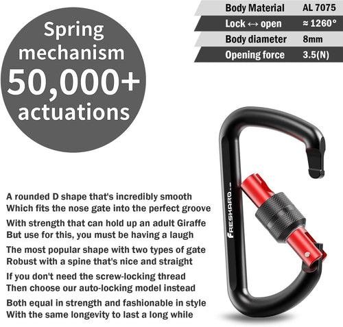 2Pcs 3inch Locking Carabiner Clips, Weight Rating 1224kg, Screw-gate Aluminum Carabiners Heavy Duty, for Hammocks, Yoga Swing, Camping, Keychain, Locking Dogs, Black