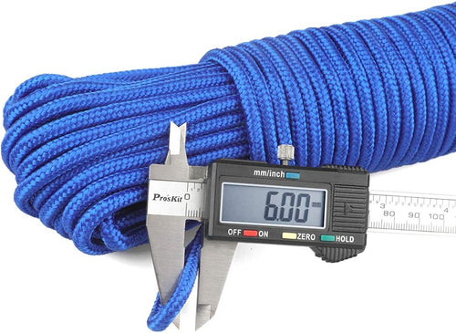 Blue Nylon Cord 6mm, 30m Braided Hanging Rope - Strong Traction Tying Rope for Camping, Survival, Gardening, Bundling, Workshop, Outdoor Multipurpose Utility