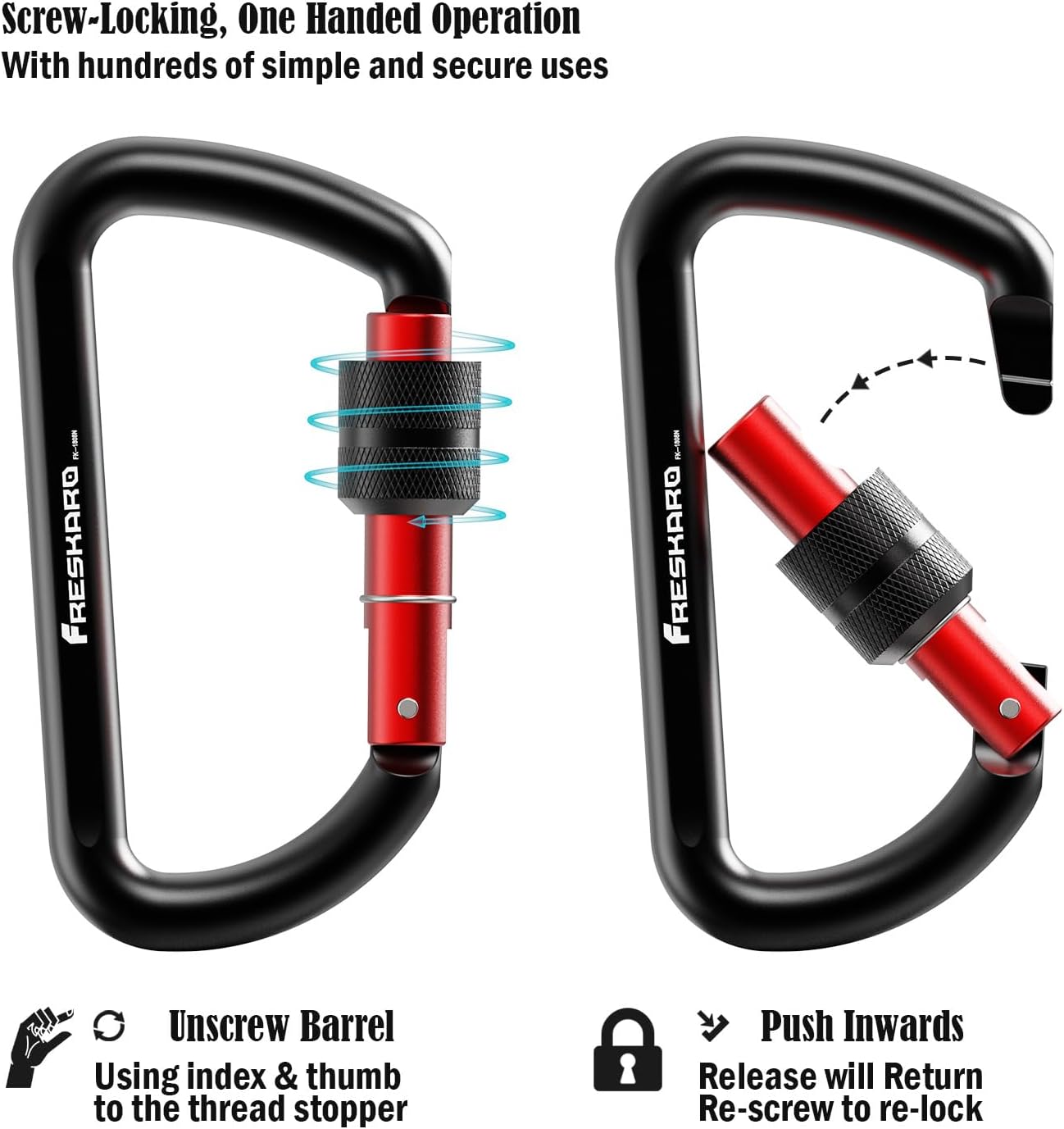 2Pcs 3inch Locking Carabiner Clips, Weight Rating 1224kg, Screw-gate Aluminum Carabiners Heavy Duty, for Hammocks, Yoga Swing, Camping, Keychain, Locking Dogs, Black