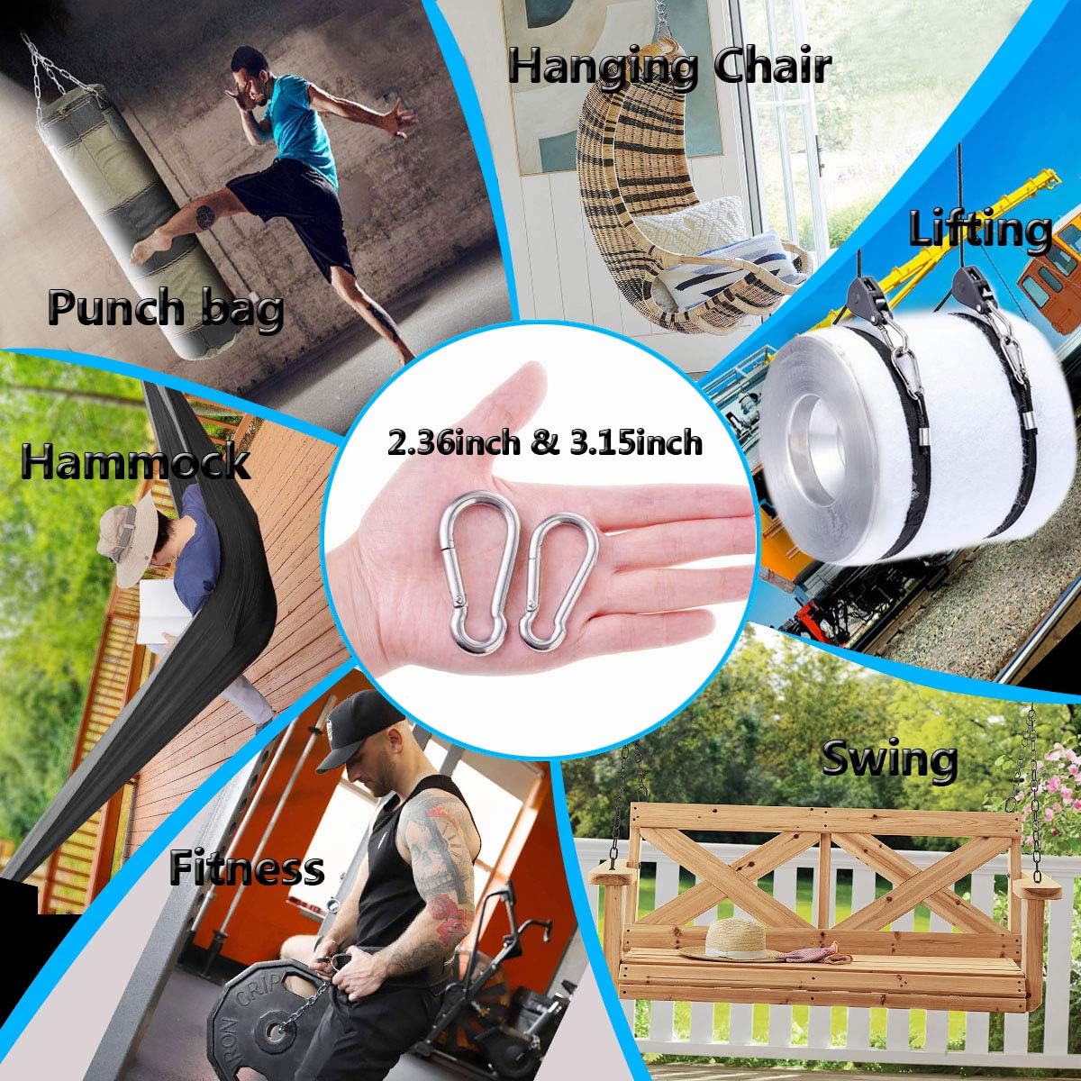 Spring Snap Hooks, 304 Stainless Steel Metal Clip Heavy Duty Rope Connector Small Snap Clamp Key Chain Link Buckle for Hammock Swing Set Outdoor Travel Camping Fishing Hiking 2.36inch(m6)-8pcs