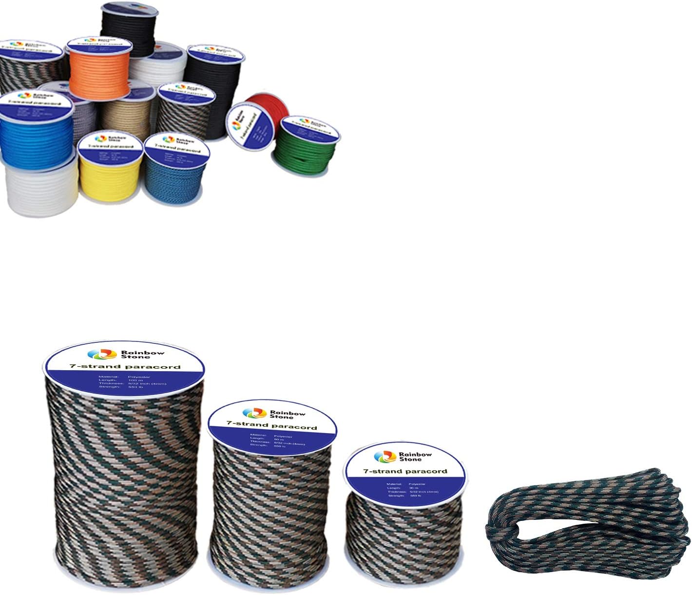 RainbowStone Paracord 7-Strand 550lb Strength 4mm Utility Rope Multiple Color 15/30/50/100m reel