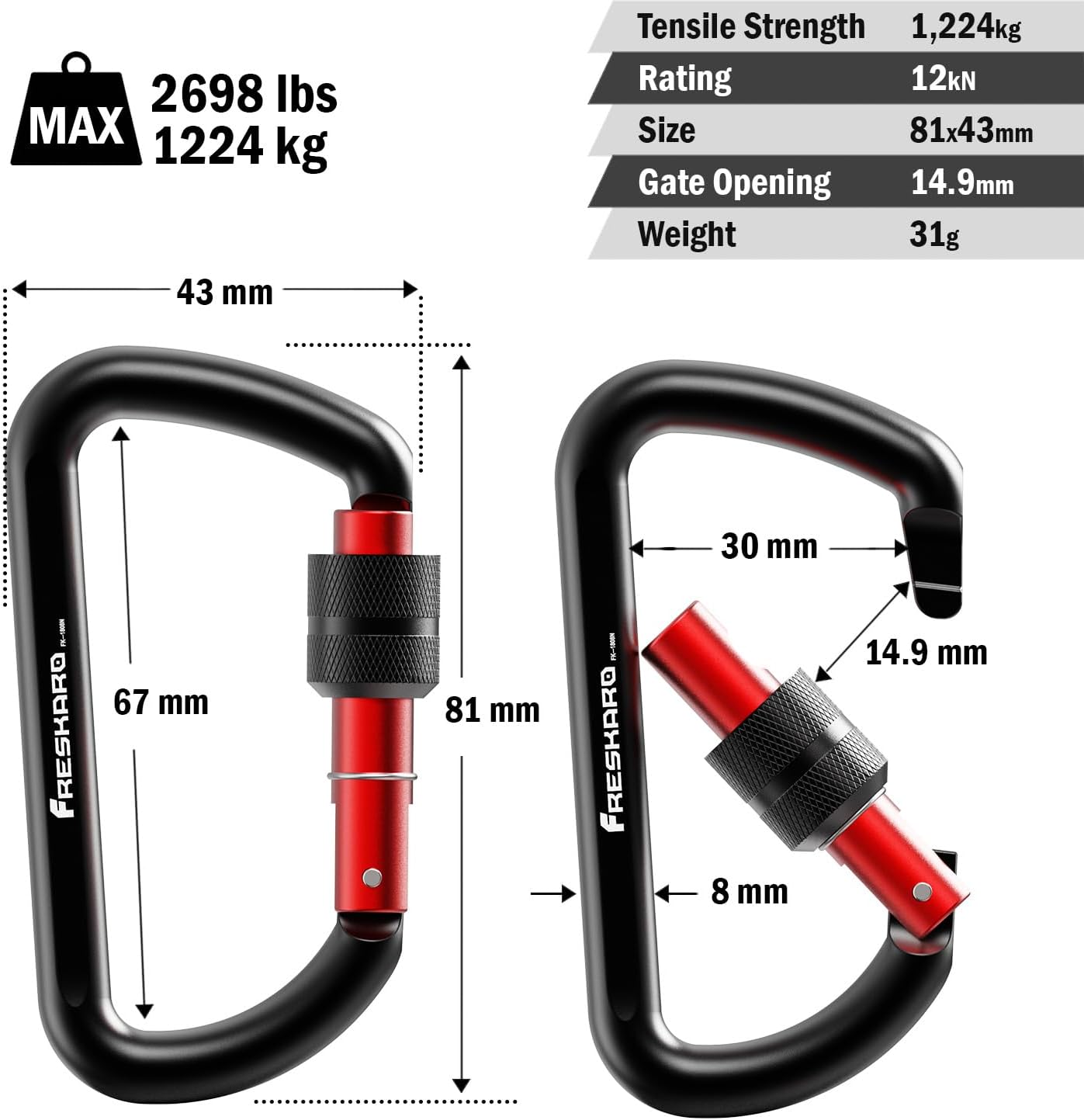 2Pcs 3inch Locking Carabiner Clips, Weight Rating 1224kg, Screw-gate Aluminum Carabiners Heavy Duty, for Hammocks, Yoga Swing, Camping, Keychain, Locking Dogs, Black