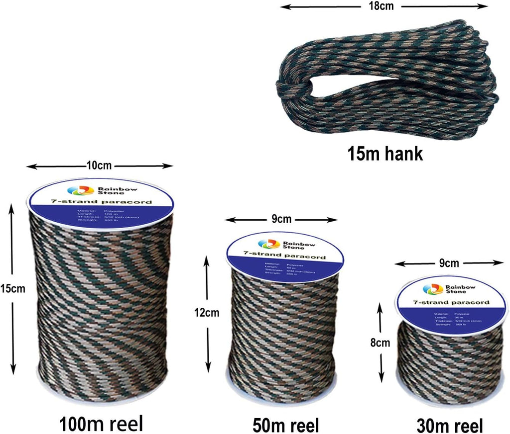 RainbowStone Paracord 7-Strand 550lb Strength 4mm Utility Rope Multiple Color 15/30/50/100m reel