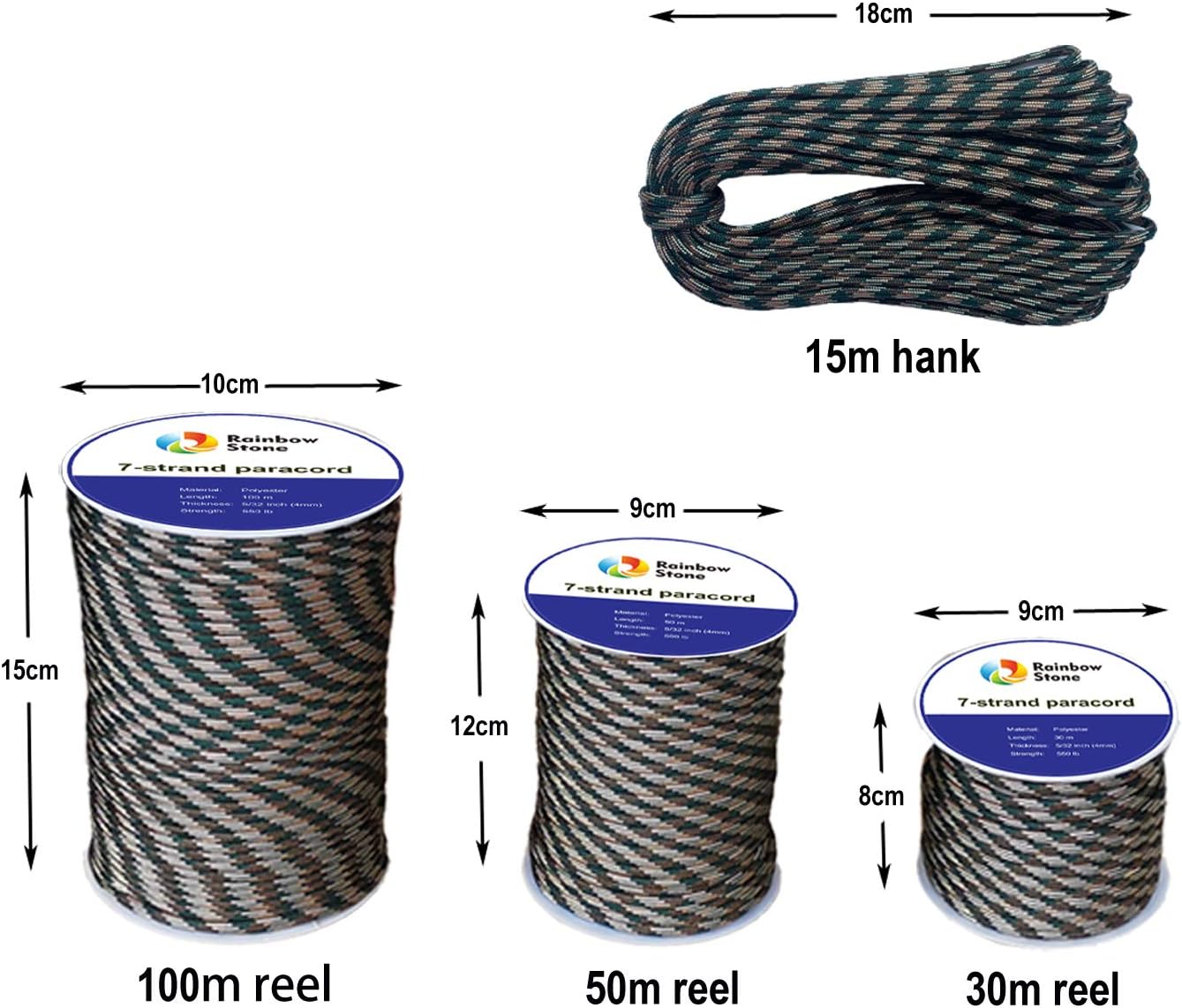RainbowStone Paracord 7-Strand 550lb Strength 4mm Utility Rope Multiple Color 15/30/50/100m reel